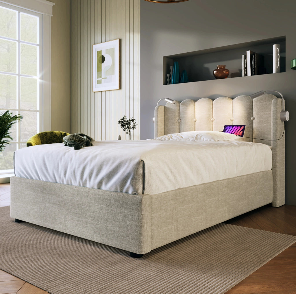 Letto singolo con contenitore; luce da lettura e USB 90x200 cm in lino naturale