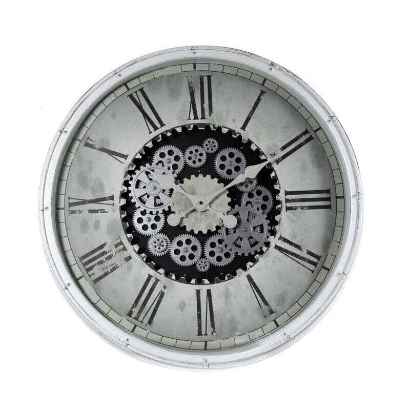 OROLOGIO MAXI DA PARETE SOTTO VETRO CON INGRANAGGI IN MOVIMENTO 76X76X5 CM BIANCO CORNICE IN PLASTICA
