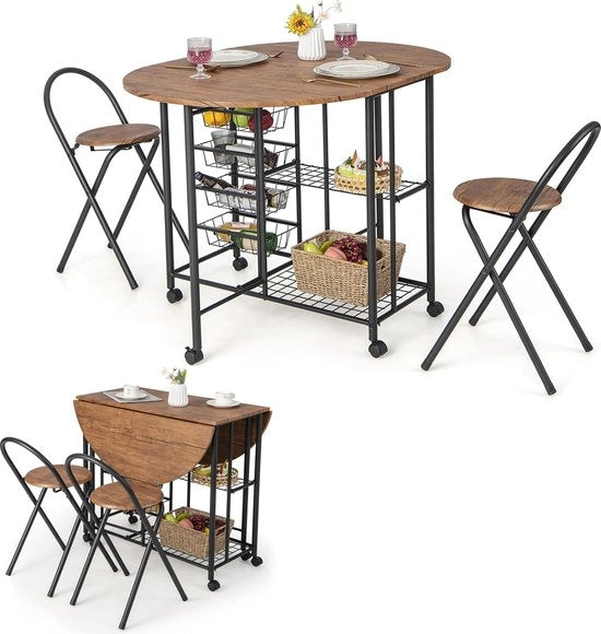 Set da tavolo da pranzo 3 pezzi, tavolo da pranzo pieghevole su ruote, con 2 piatti, 4 cesti estensibili, 2 sgabelli pieghevoli per cucina, sala da pranzo, zona pranzo, bar cucina, zona relax (marrone)