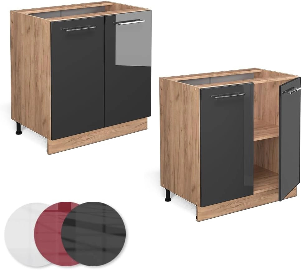 Mobiletto base cucina Fame-Line, Antracite lucido, 80 cm con ripiano, PL Rovere, per la combinazione con altri moduli della serie Fame-Line