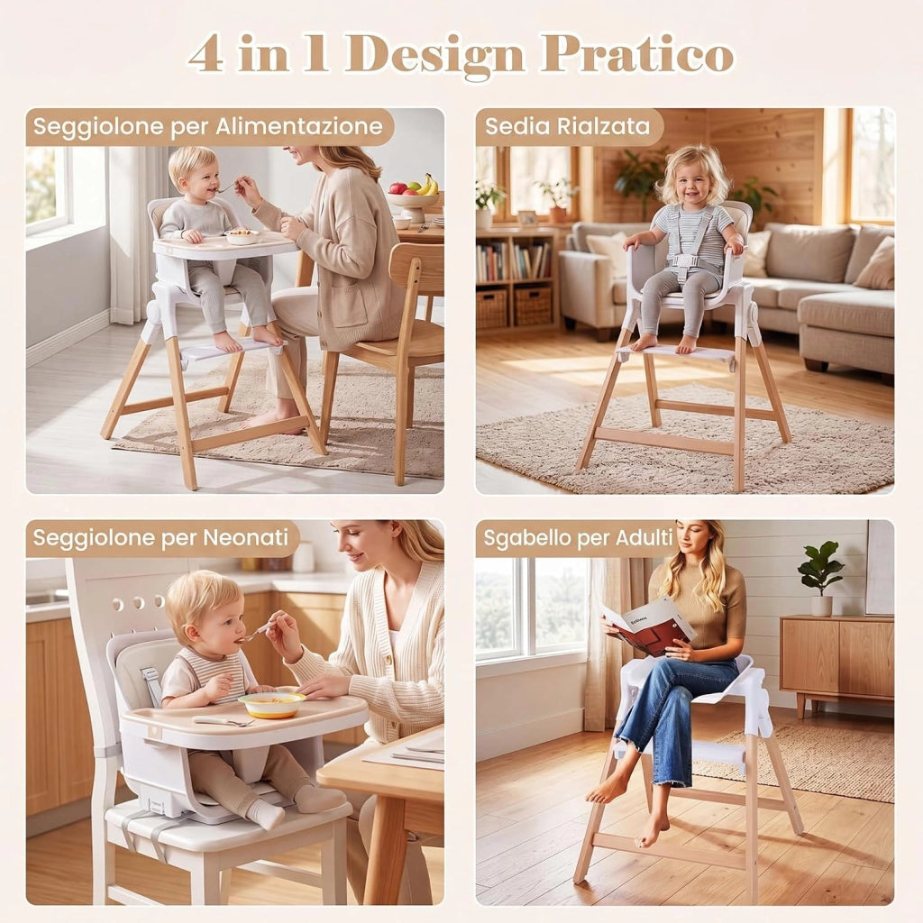 Seggiolone Pappa Pieghevole 4 in 1 con Cuscino di Seduta (Beige) | Seggiolone per Neonati 6-36 Mesi con Vassoi Rimovibili, Portabicchieri, Cintura di Sicurezza e Gambe in Legno