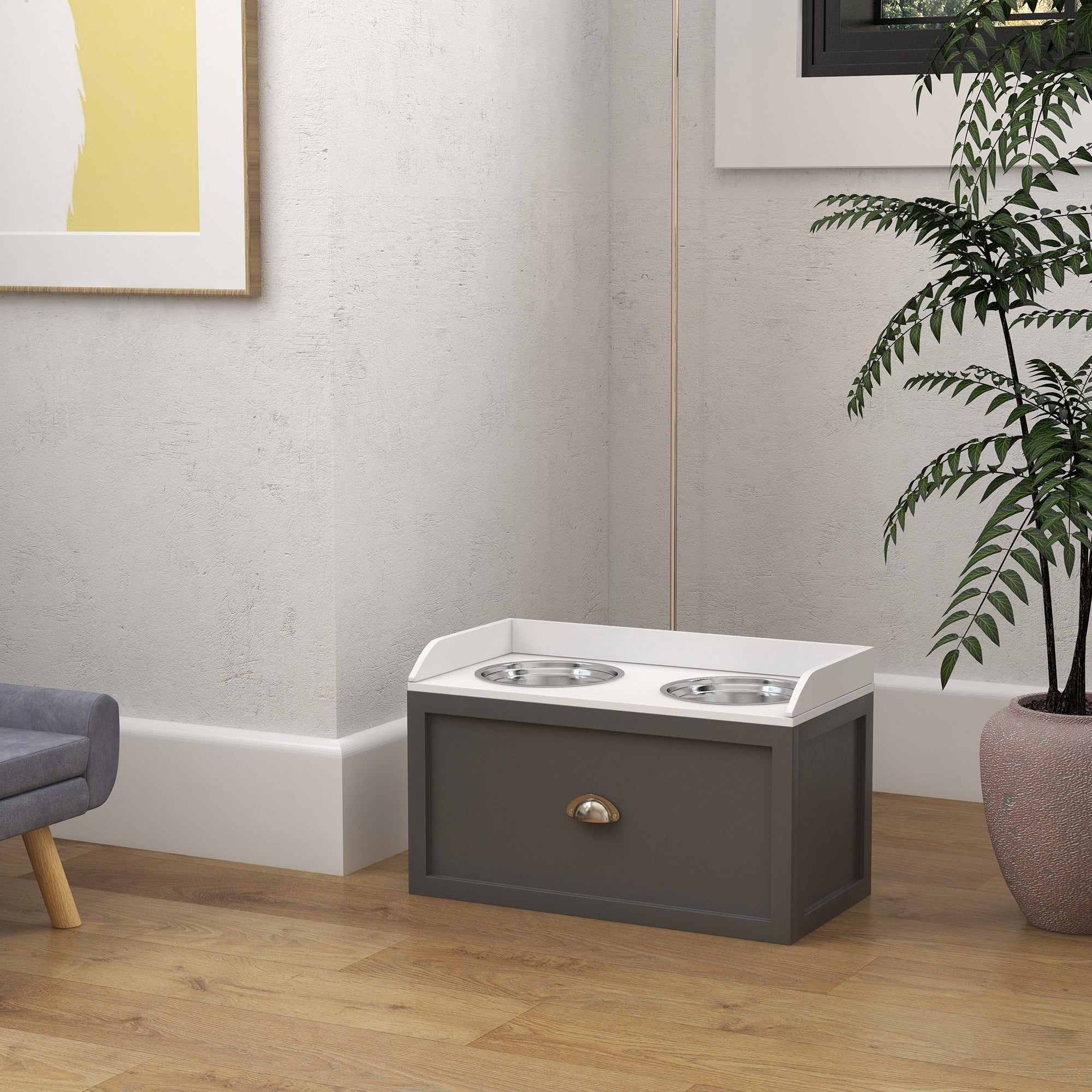 Ciotole per Cani Rialzate 60x30x36 cm con Cassetto in Acciaio Inox e Legno Grigio