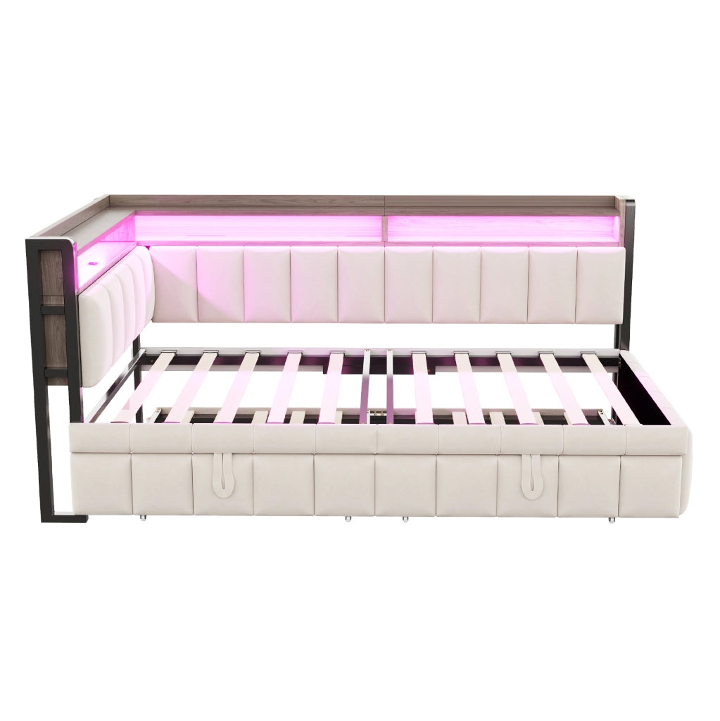 Divano letto estraibile 90x200 cm con LED; USB e USB-C in velluto beige