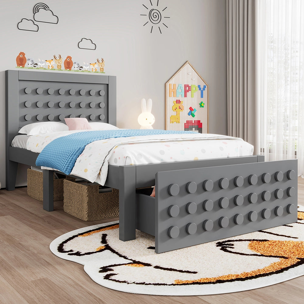 Letto bambino-Xylo-90x200 cm-design a blocchi, cassetti, contenitore, grigio, senza materasso
