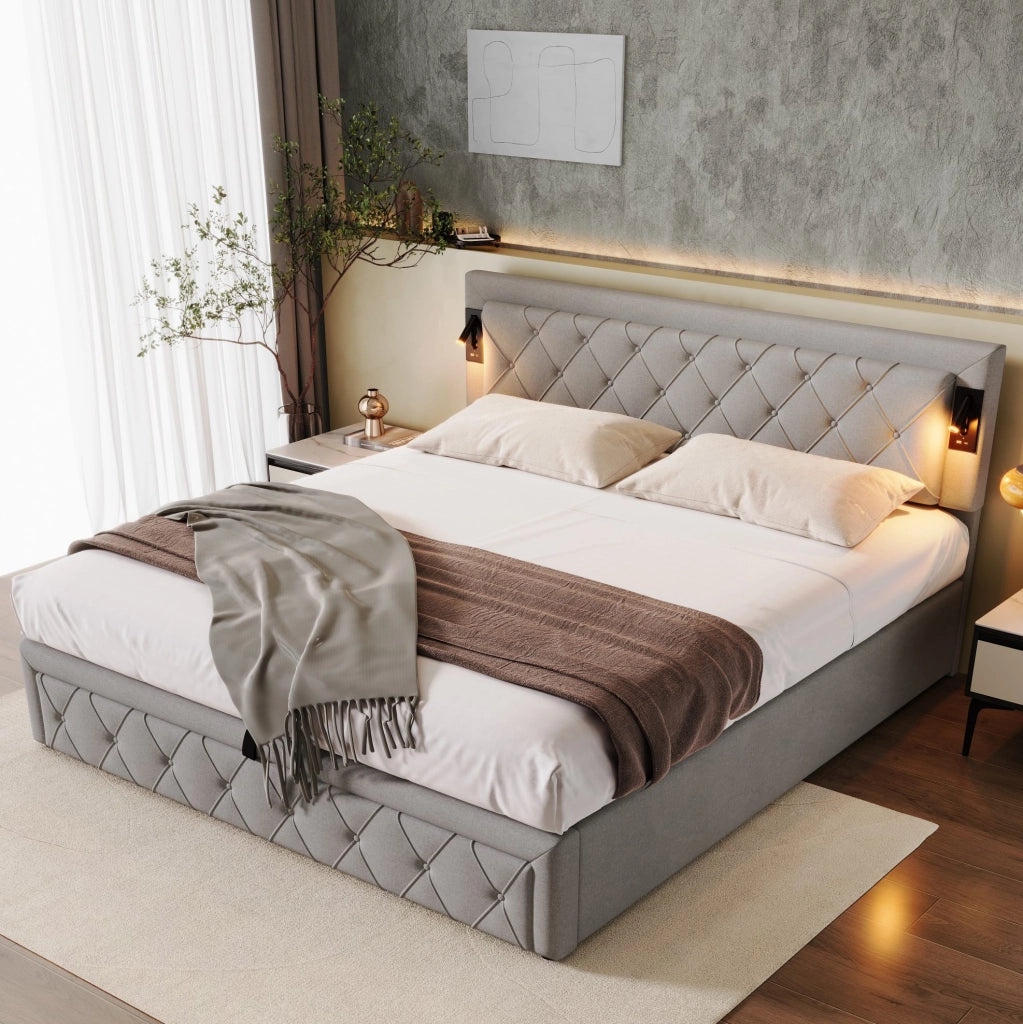 Letto imbottito con contenitore, luci e USB, grigio
