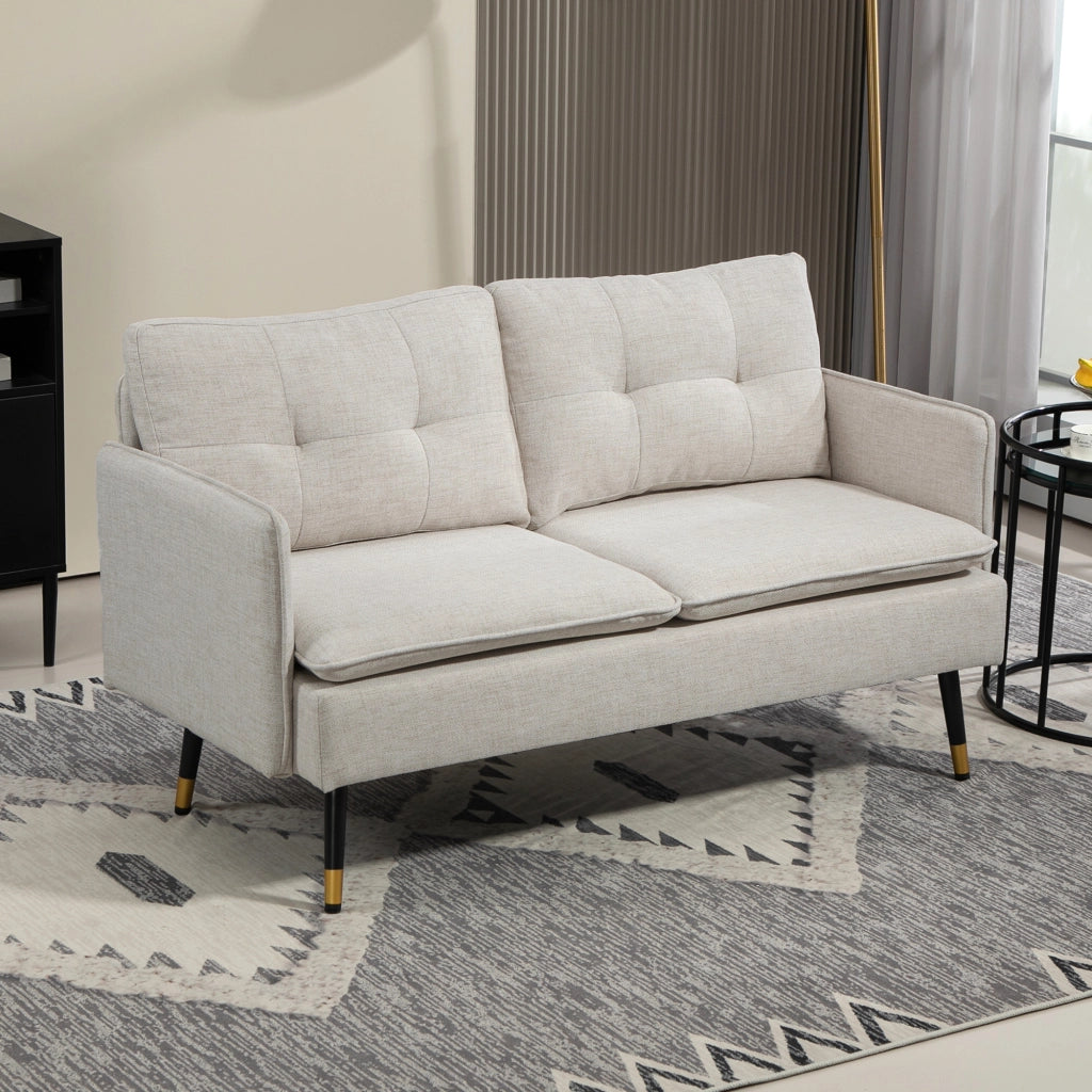 Divano 2 Posti in Tessuto ¨C Zephmum ¨C Bianco Crema, Effetto Lino, Gambe in Acciaio, 139x68x80 cm
