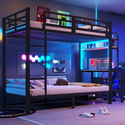Letto a castello 90x200 cm in metallo e MDF; con scrivania; LED; USB; nero