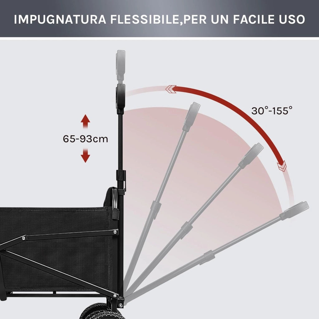 Carrello pieghevole da giardino, per festival, campeggio, picnic, spiaggia, shopping, con 4 ruote doppie universali, chiudibile, tessuto Oxford+metallo, nero