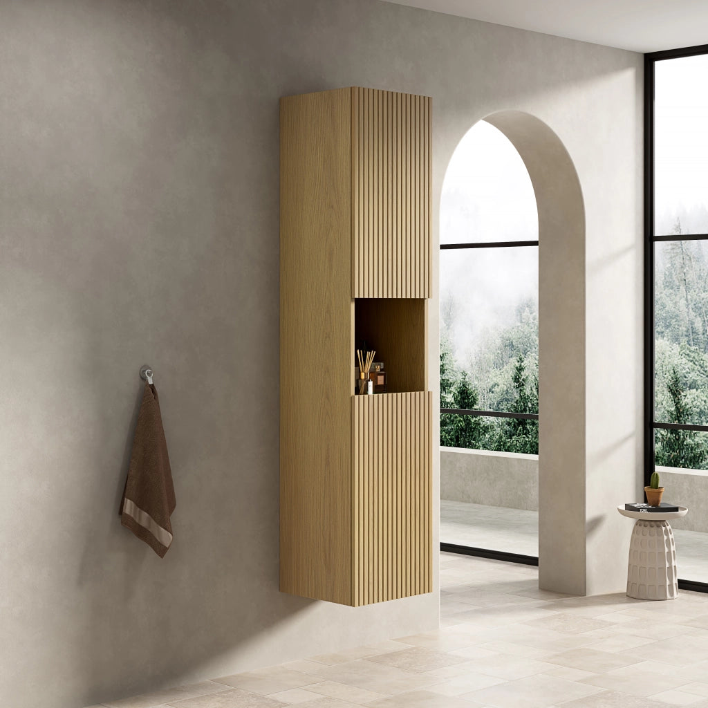 Armadietto da bagno con 2 ante e 1 vano aperto, per bagno, in multistrato, rovere dorato, 168 × 43 × 17 cm