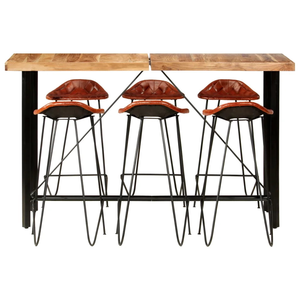 Set da Bar 7 pz in Legno Massello di Acacia e Vera Pelle 278767