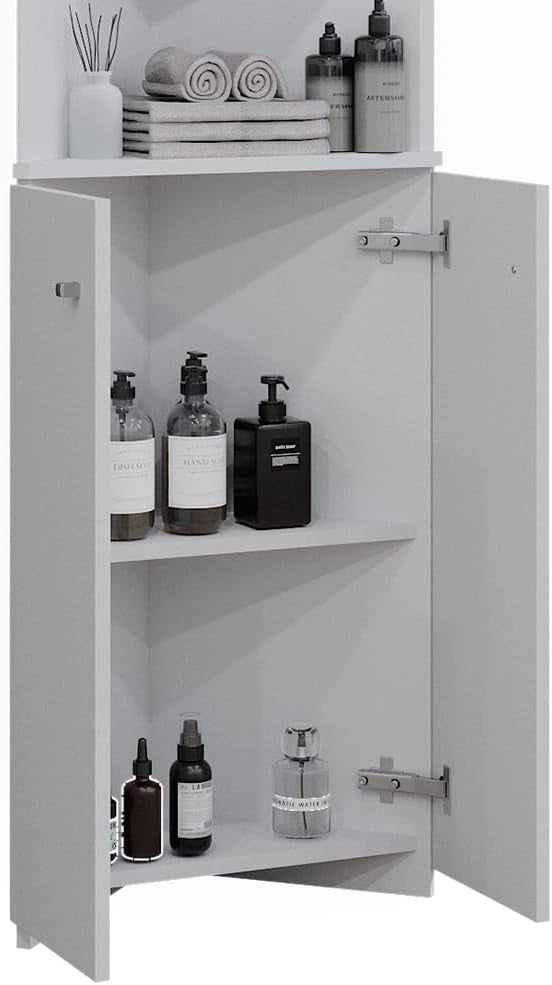 Armadio per il bagno Fynn, Bianco, 51.5 x 175 cm Armadio angolare a 2 ante, da parete per la conservazione di accessori da bagno