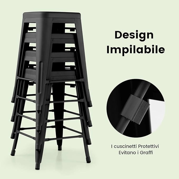 Set di 4 Sgabelli da Bar senza Schienale da 61/76 cm, Sgabelli in Metallo Impilabili con Poggiapiedi per Cucina, Sala da Pranzo e Bar (41 x 41 x 61 cm, Nero)