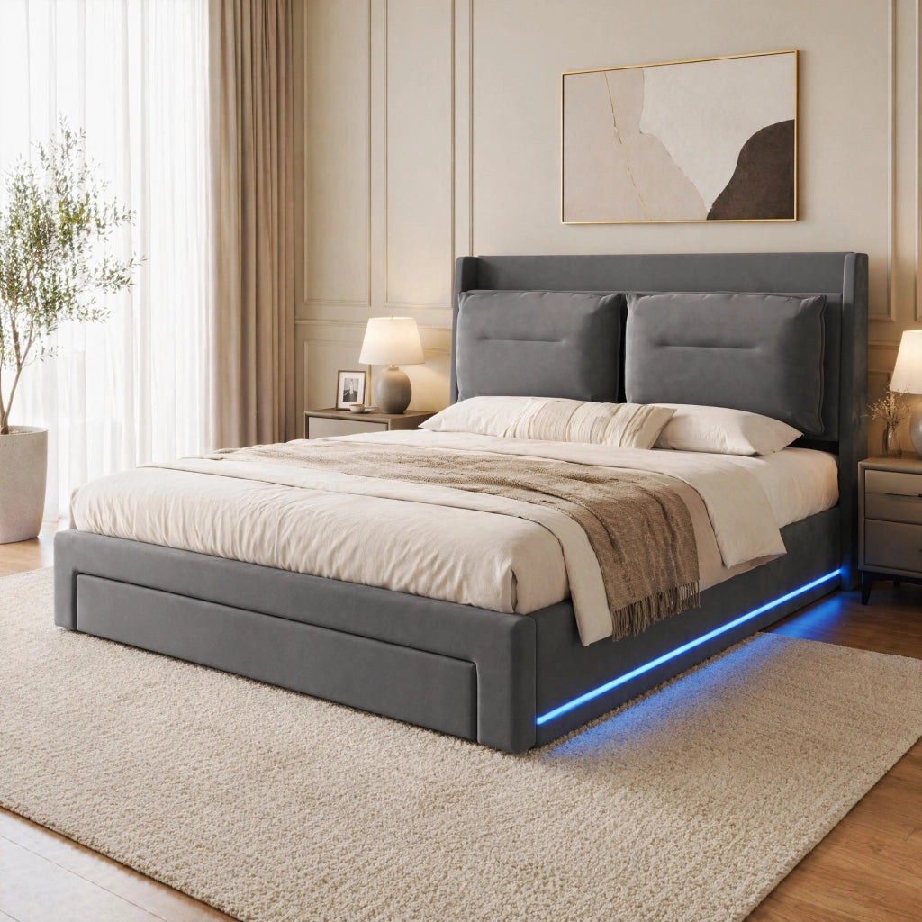Letto matrimoniale imbottito 140x190 cm in velluto grigio scuro con LED, contenitore idraulico e cassetto finale