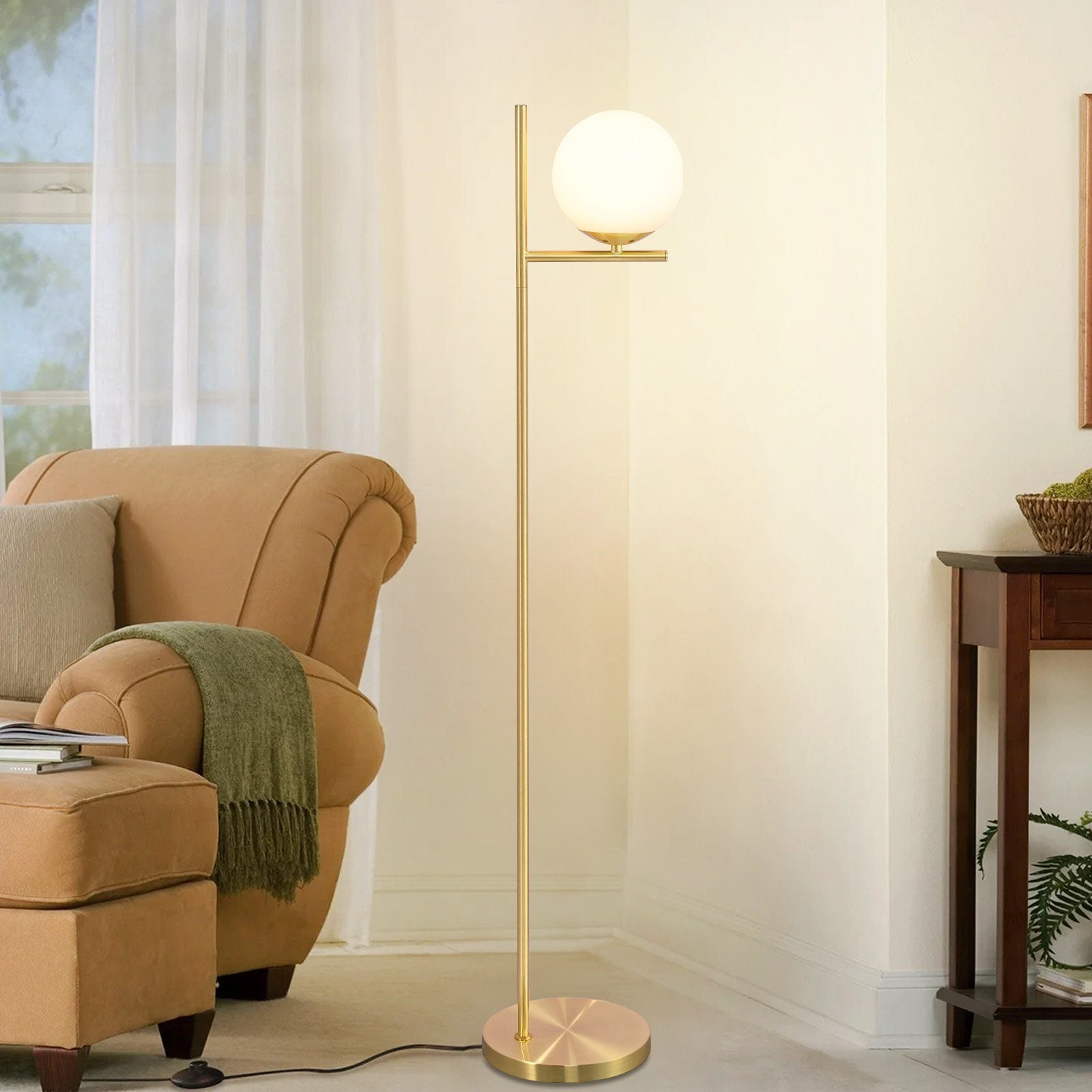 ZMH Lampada da terra per soggiorno 1 fiamma Oro E27 Globo in vetro bianco con finitura metallica industriale