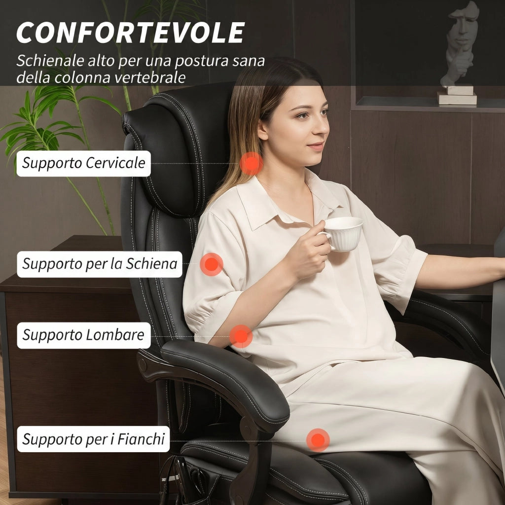 Sedia da Ufficio Massaggiante e Riscaldata, Reclinabile in Pelle PU, con Telecomando e Poggiapiedi, Nero