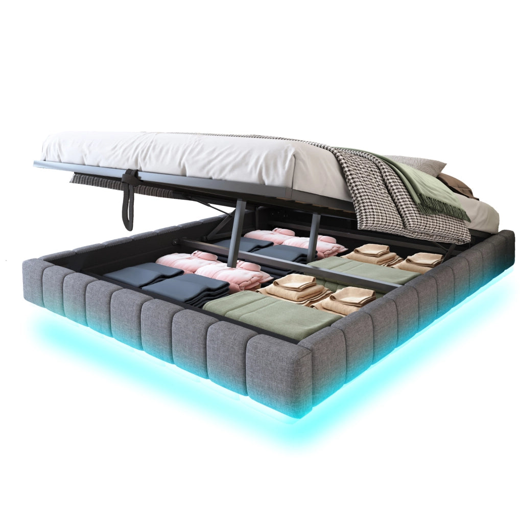 Letto imbottito sospeso 180x200 cm grigio con LED e vano contenitore