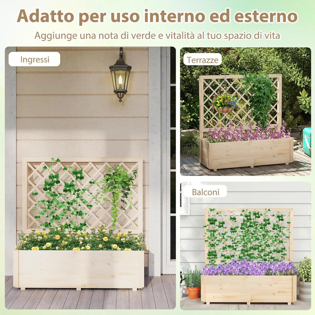 Fioriera con Traliccio, Letto da Giardino Rialzato con Grigliato e Fori di Drenaggio, Aiuola Elevata in Legno per Piante Rampicanti da Interno ed Esterno (98 x 35 x 101 cm)