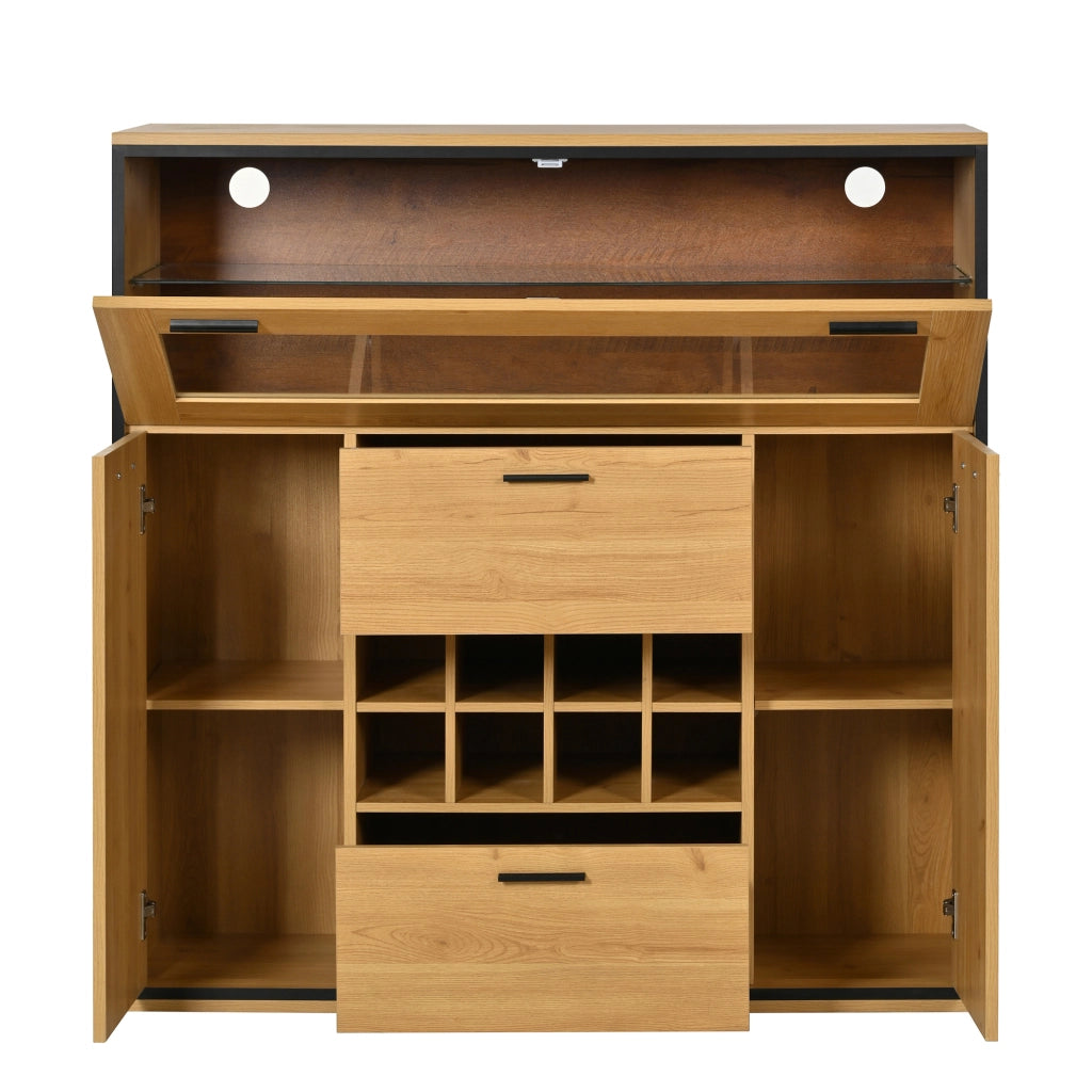 Mobile bar 2 ante e 2 livelli con portabottiglie e luce LED, per soggiorno e sala da pranzo, naturale, 110 x 38 x 111 cm
