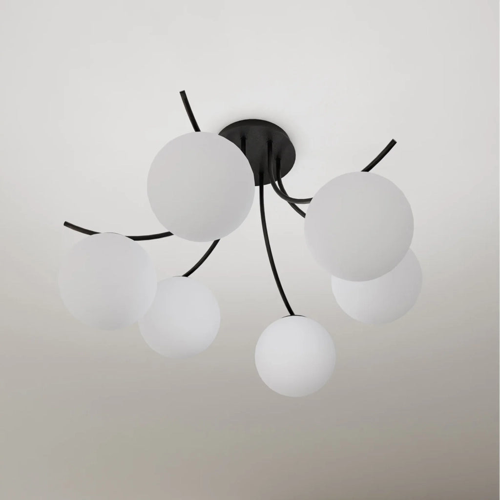Plafoniera Moderna 6 Luci Coeo In Acciaio Nero E Diffusori In Vetro Opale