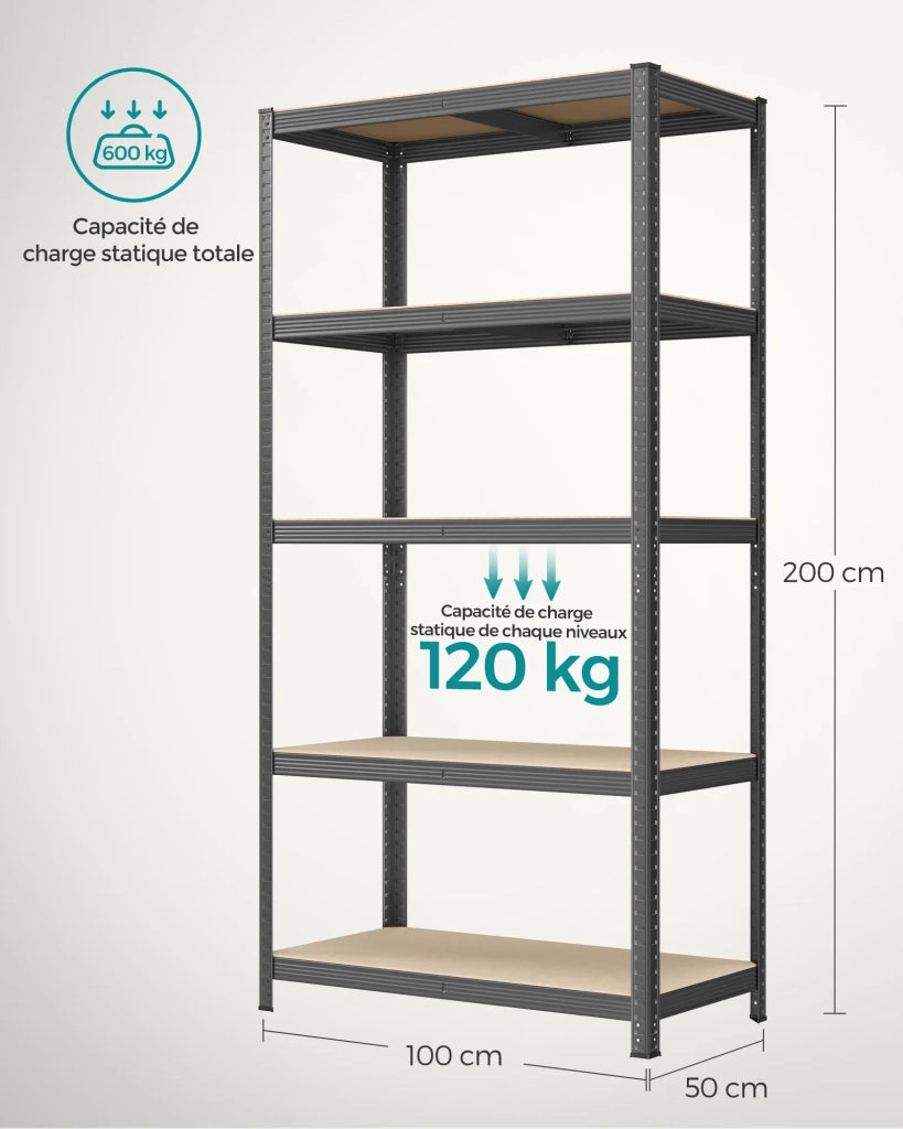 Scaffalatura metallica per carichi pesanti 200 x 100 x 50 cm 5 ripiani portata totale 875 kg (175 kg/ripiano) ripiani regolabili per garage/cantina nero 12_0005593