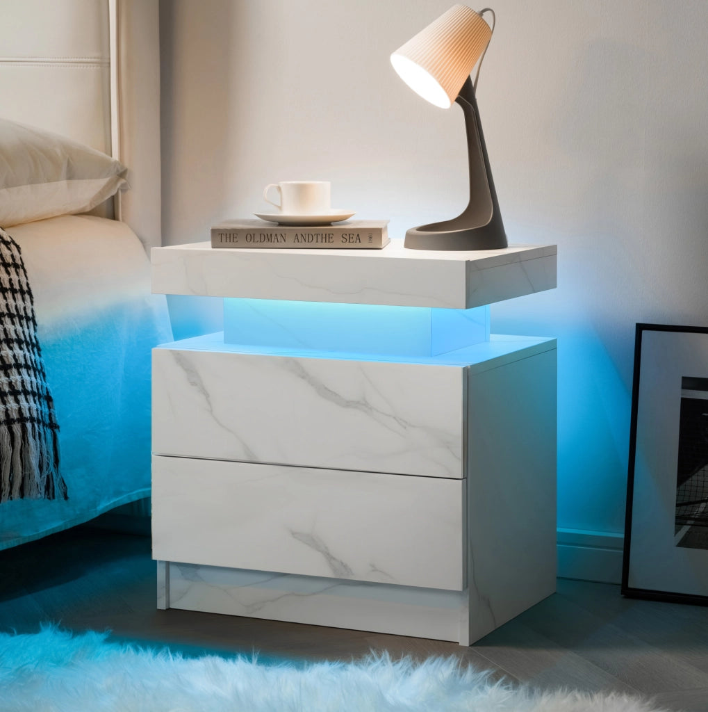 Comodino moderno con LED multicolore, 2 cassetti, bianco opaco