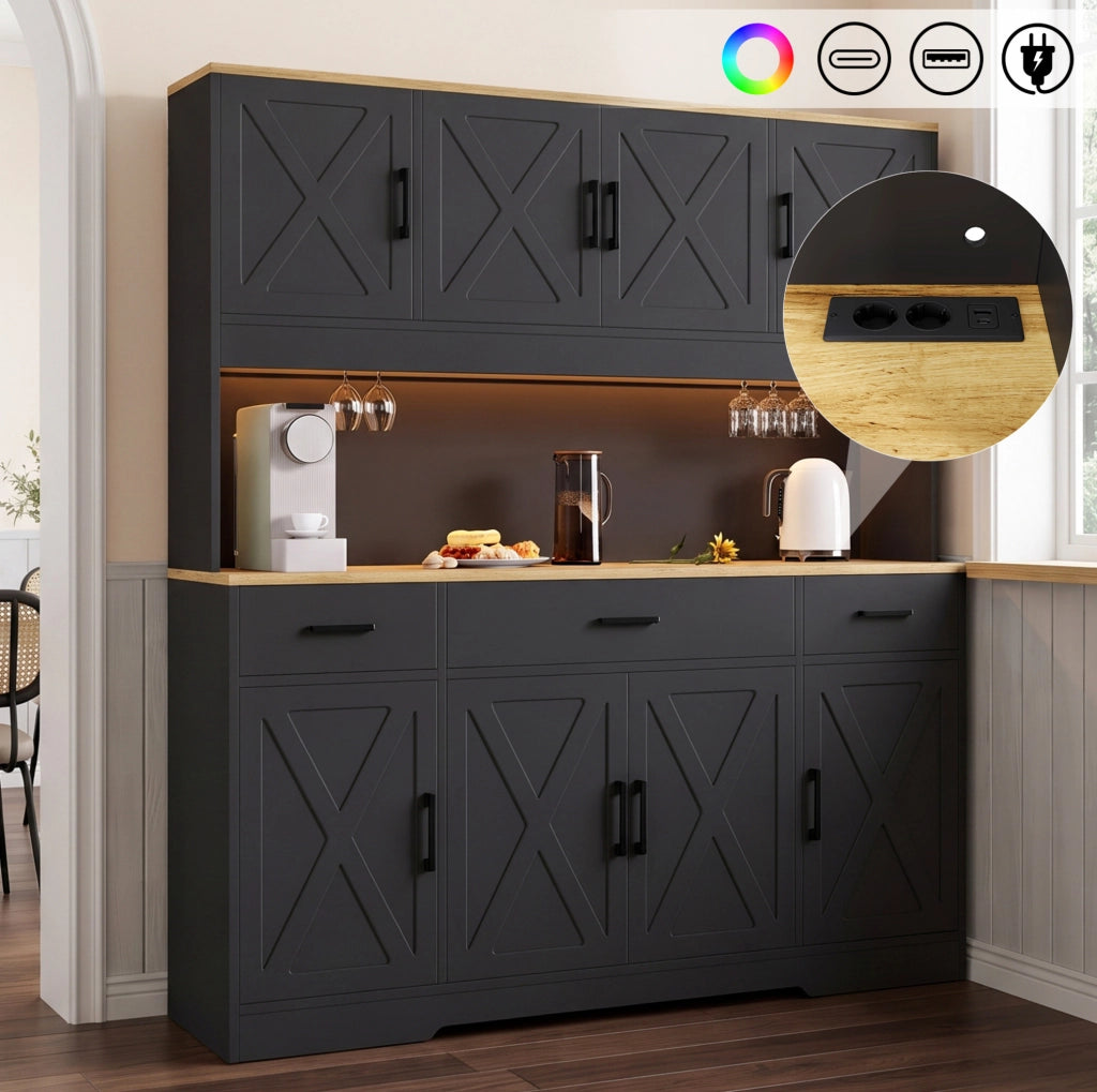 Credenza buffet 150x40x180 cm con LED; 2 prese; USB-A/C; portabicchieri; nero