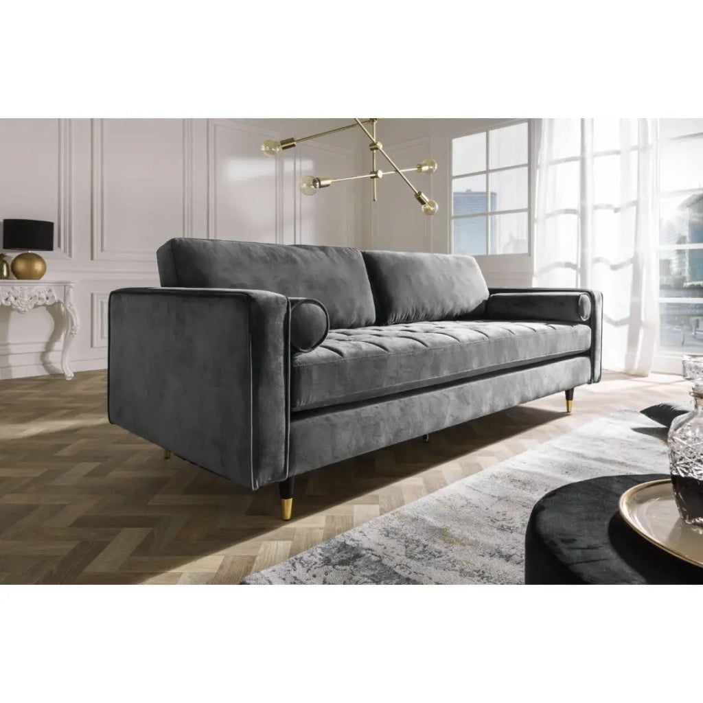 Divano ad angolo reversibile KOLIRI grigio – Divano design in velluto con pouf abbinato