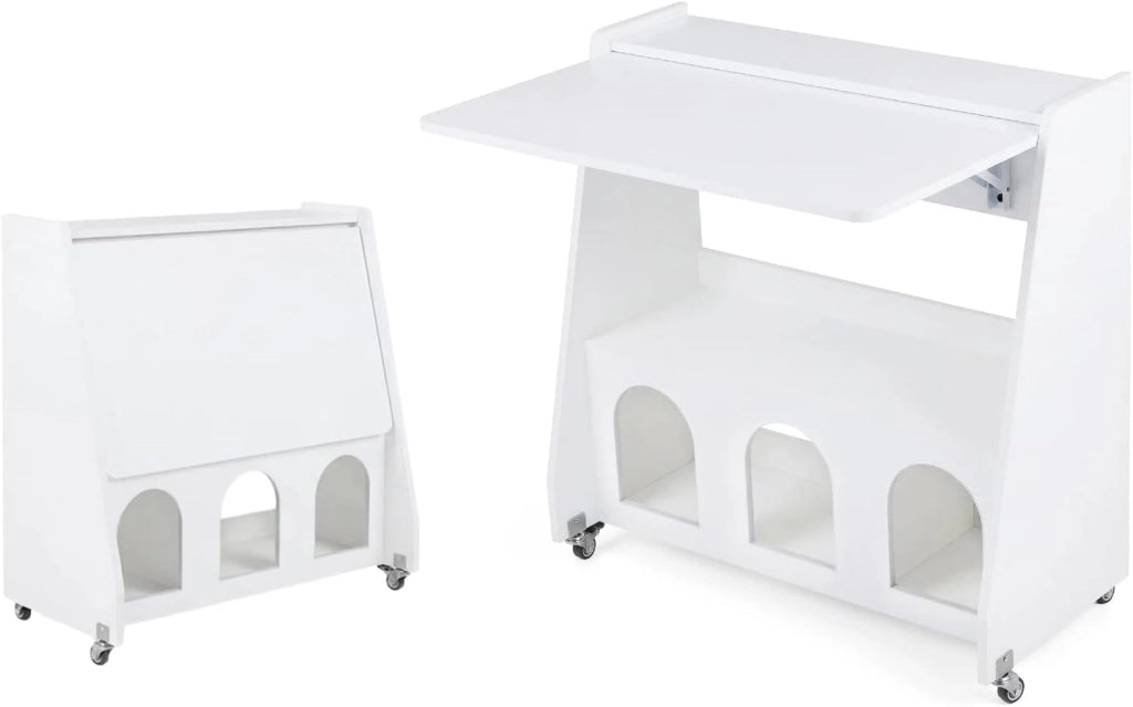 Scrivania per Computer, Postazione di Lavoro con Piano Pieghevole, Ruote con Freno, Ripiano Aperto e 2 Scomparti, Scrivania Salvaspazio per Studio e Soggiorno, 78,5 x 57,5 x 80 cm (Bianco)