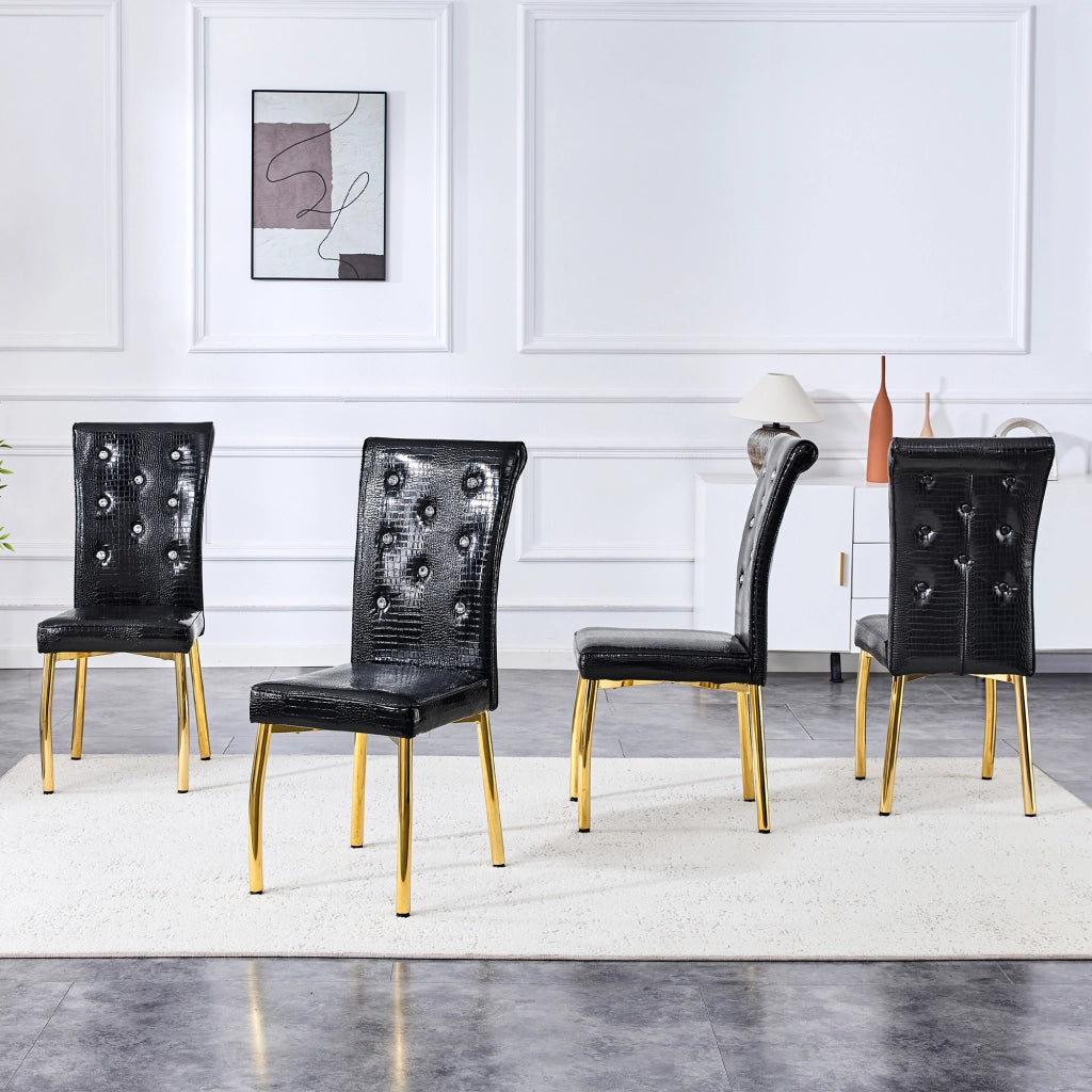 Sedia da Pranzo Set da 4 con Schienale Imbottito, Gambe in Metallo Dorato, in PVC Nero e Oro