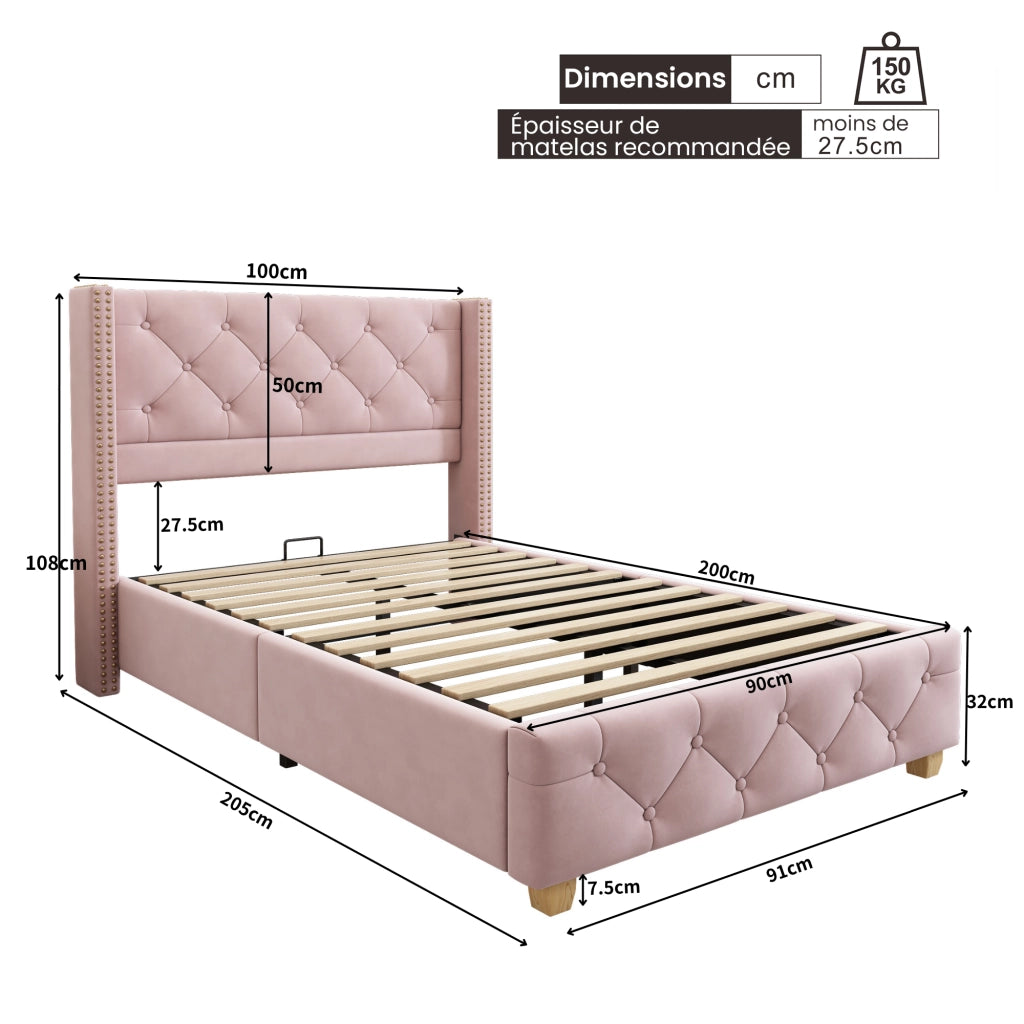 Letto Singolo 90×200 cm; 1 Posto con Testiera Imbottita e Borchie Decorative; senza Materasso; Velluto Rosa