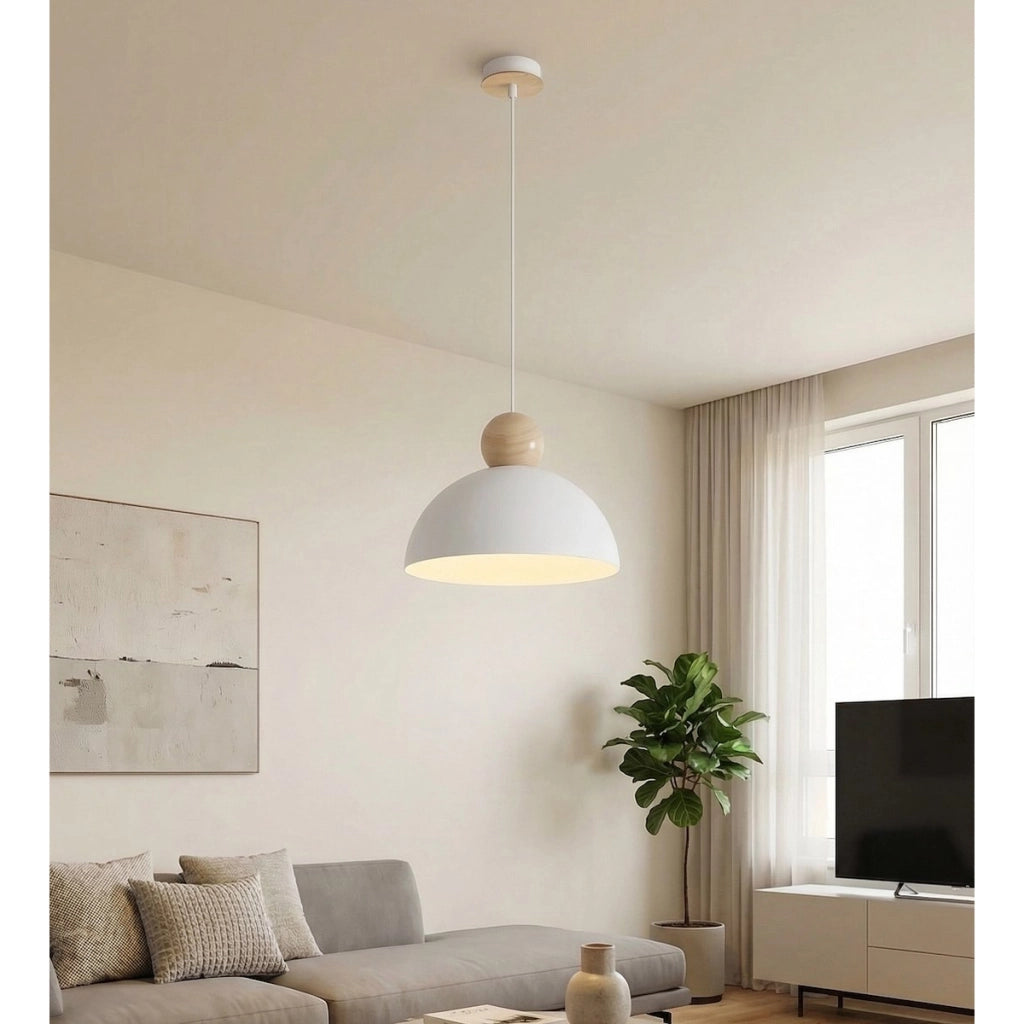 Lampada a sospensione KAKI in acciaio e legno bianco opaco