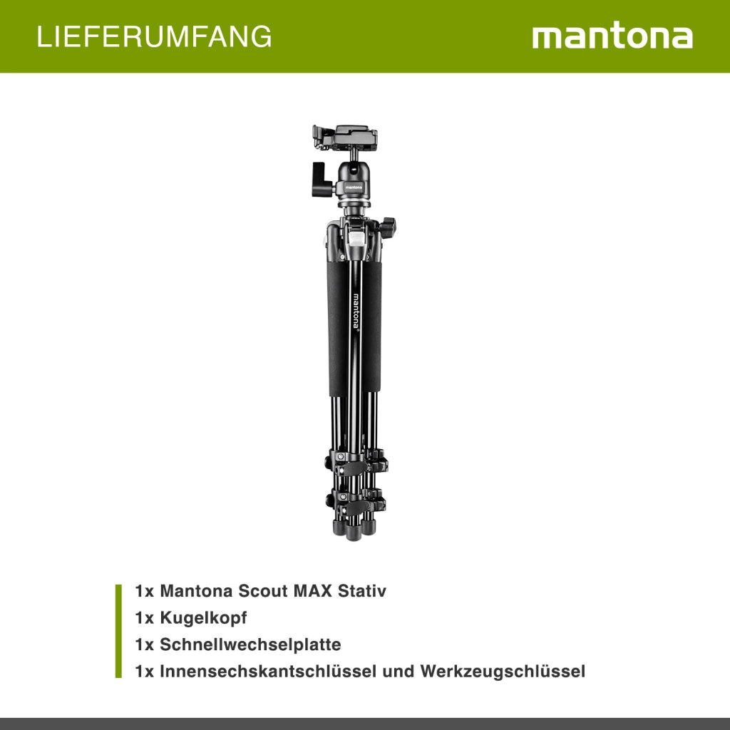 Mantona Basic Scout Max Treppiede fotografico, treppiede per fotocamera con altezza di lavoro fino a 160 cm, testa a sfera, treppiede compatto e leggero per fotocamera 19870 nero