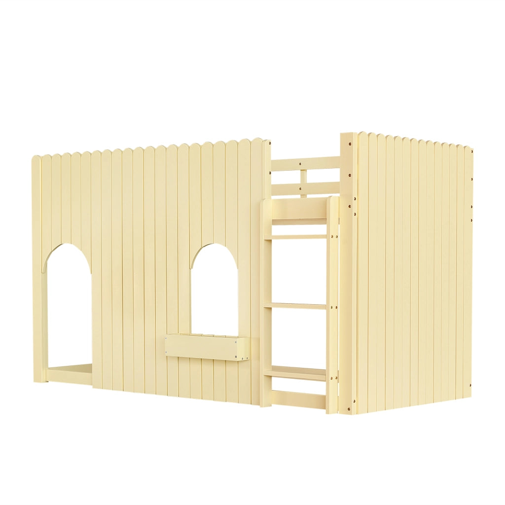 Letto a soppalco per bambini 90x200 cm in legno naturale con LED multicolore; scala a 3 gradini e protezione