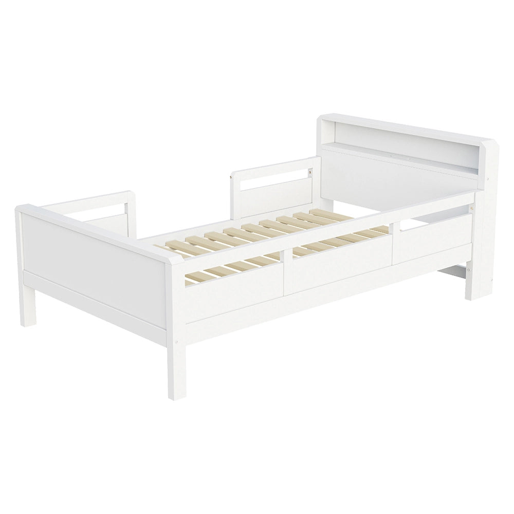 Letto bambino-Xylo-90x200 cm-USB-C, LED, testiera contenitore, bianco