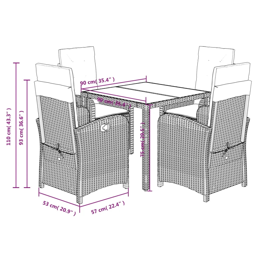 Set da Pranzo da Giardino 5 pz Nero con Cuscini in Polyrattan