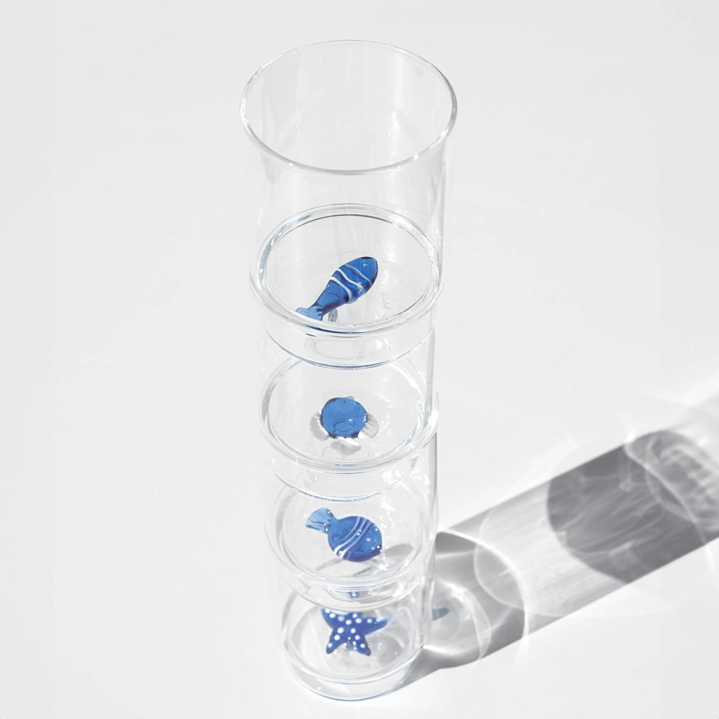 Zafferano Set 6 Bicchieri Tumbler Teca Mare Soggetto Pesce Palla in Vetro Borosilicato Artigianale Trasparente Design Impilabile ed Ergonomico