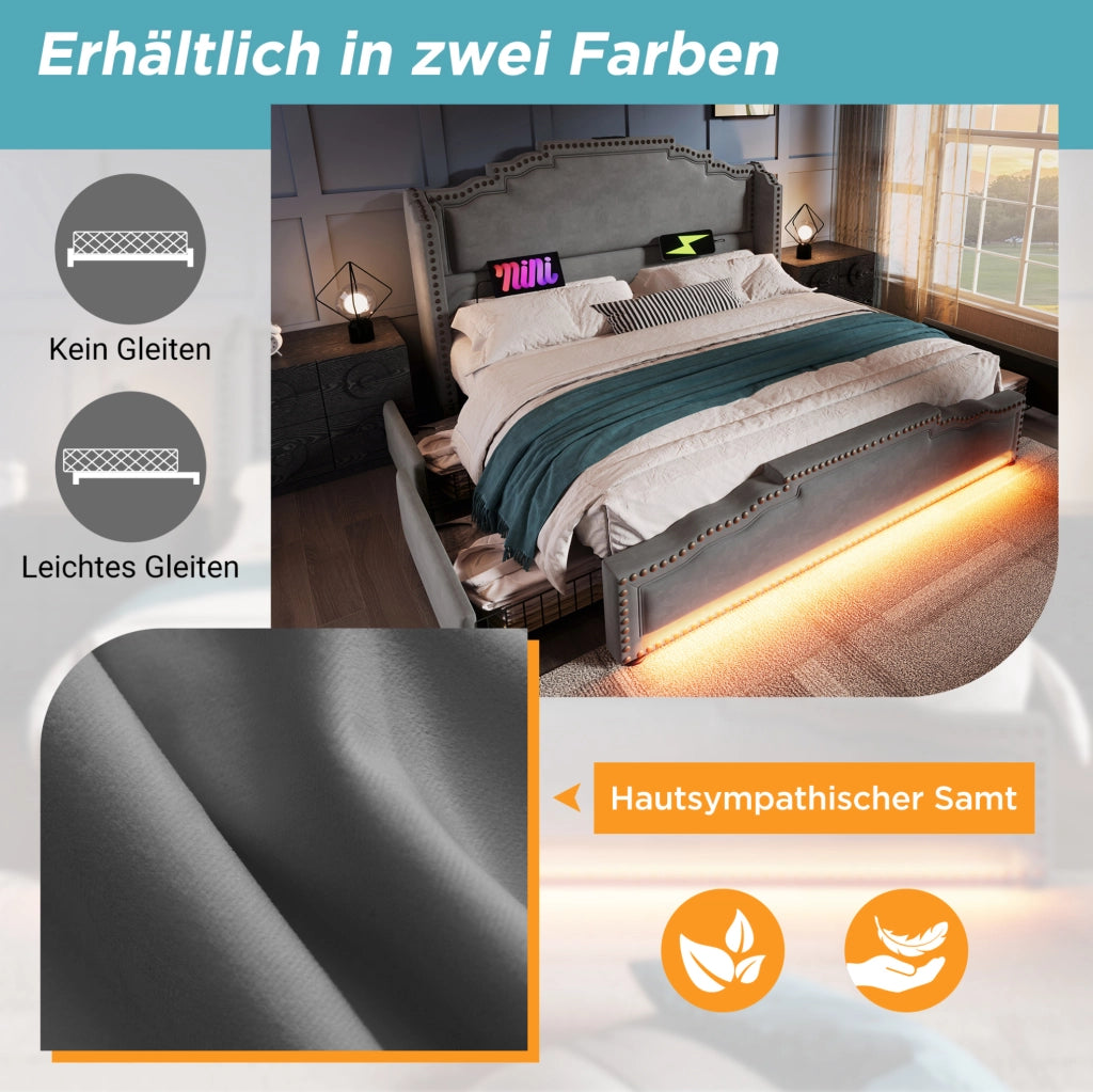 Letto matrimoniale 160x200 cm con 4 cassetti; LED; prese USB e Type-C; velluto grigio