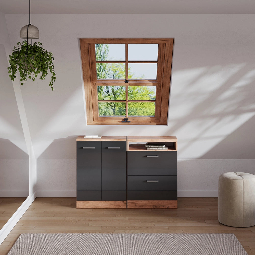 Set di mobili sottotetto Rion Antracite lucido/Rovere dorato 120 cm Set di 2 carcasse armadio profondità 60 cm Vicco