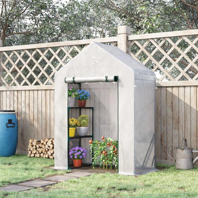 SERRA DA GIARDINO IN PE E ACCIAIO PER ESTERNI CON 2 SCAFFALI E PORTA AVVOLGIBILE, 143X73X195 CM, BIANCO