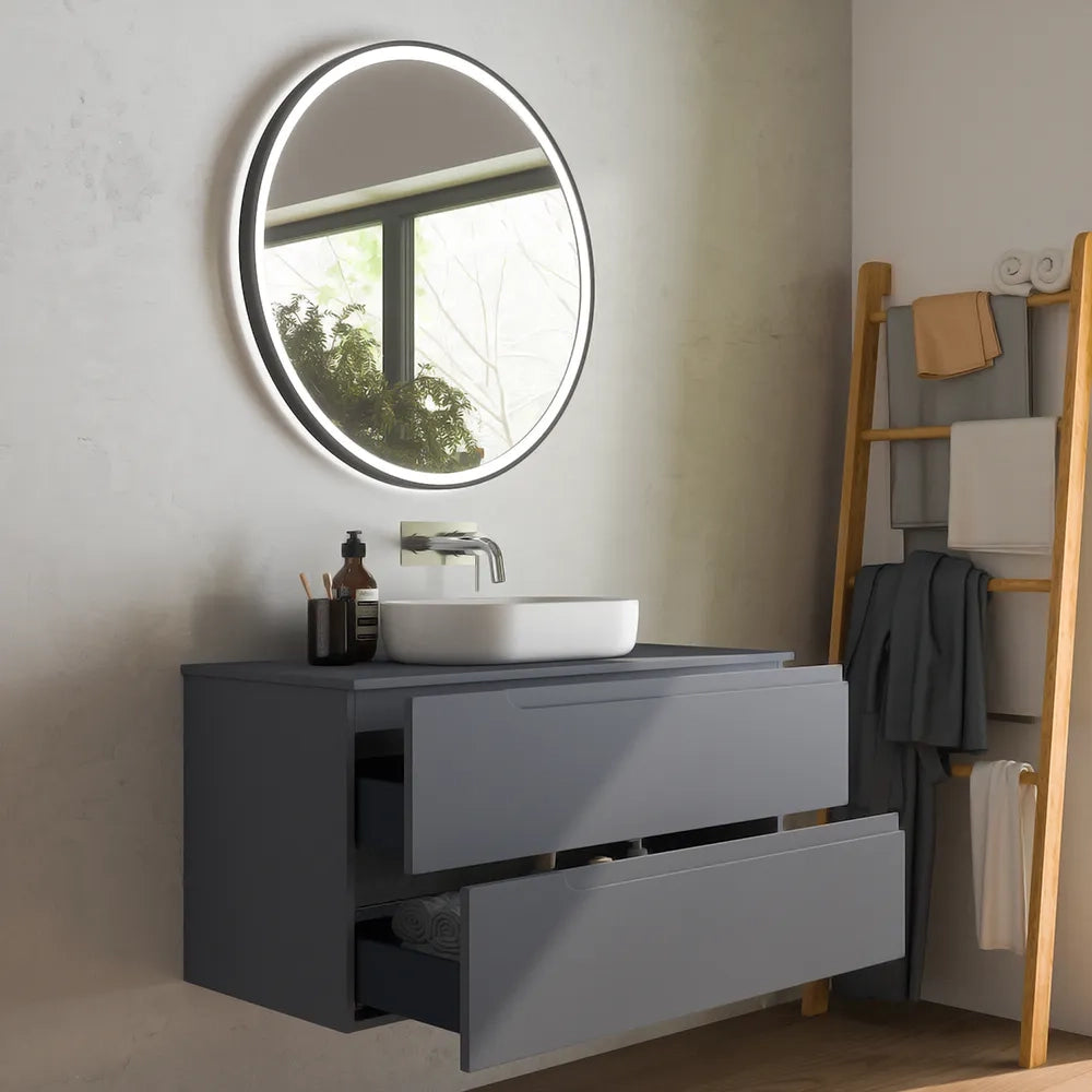 Mobile bagno sospeso 100 cm due cassetti grigio opaco con top | Ardenne