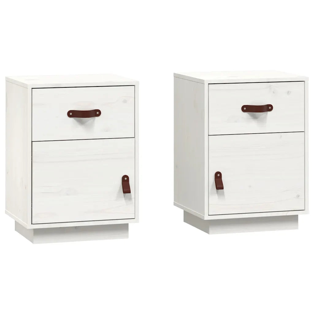 Set di 2 Comodini | Armadio da Notte | Mobiletto da notte Bianchi 40x34x55 cm in Legno Massello di Pino