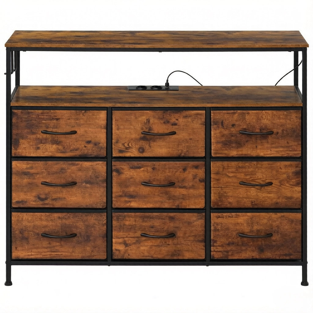 CASSETTIERA 110x85x30 cm in legno e metallo nero/marrone rustico con 9 cassetti