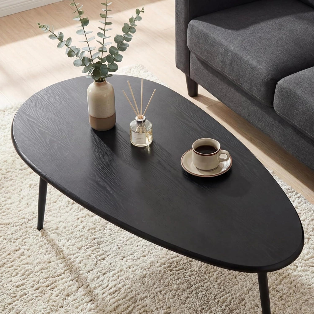 Tavolino da Caffè Mid-Century Moderno, Tavolino d'Accento Ovale Irregolare con Gambe in Metallo, Tavolino Compatto per Soggiorno, Ufficio Domestico, Angolo Lettura, Facile da Montare (Nero)