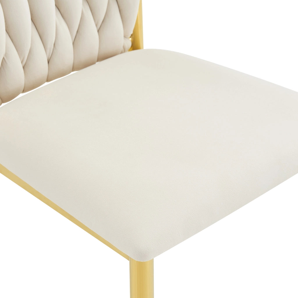 Sedia da pranzo imbottita in velluto beige con gambe in metallo oro