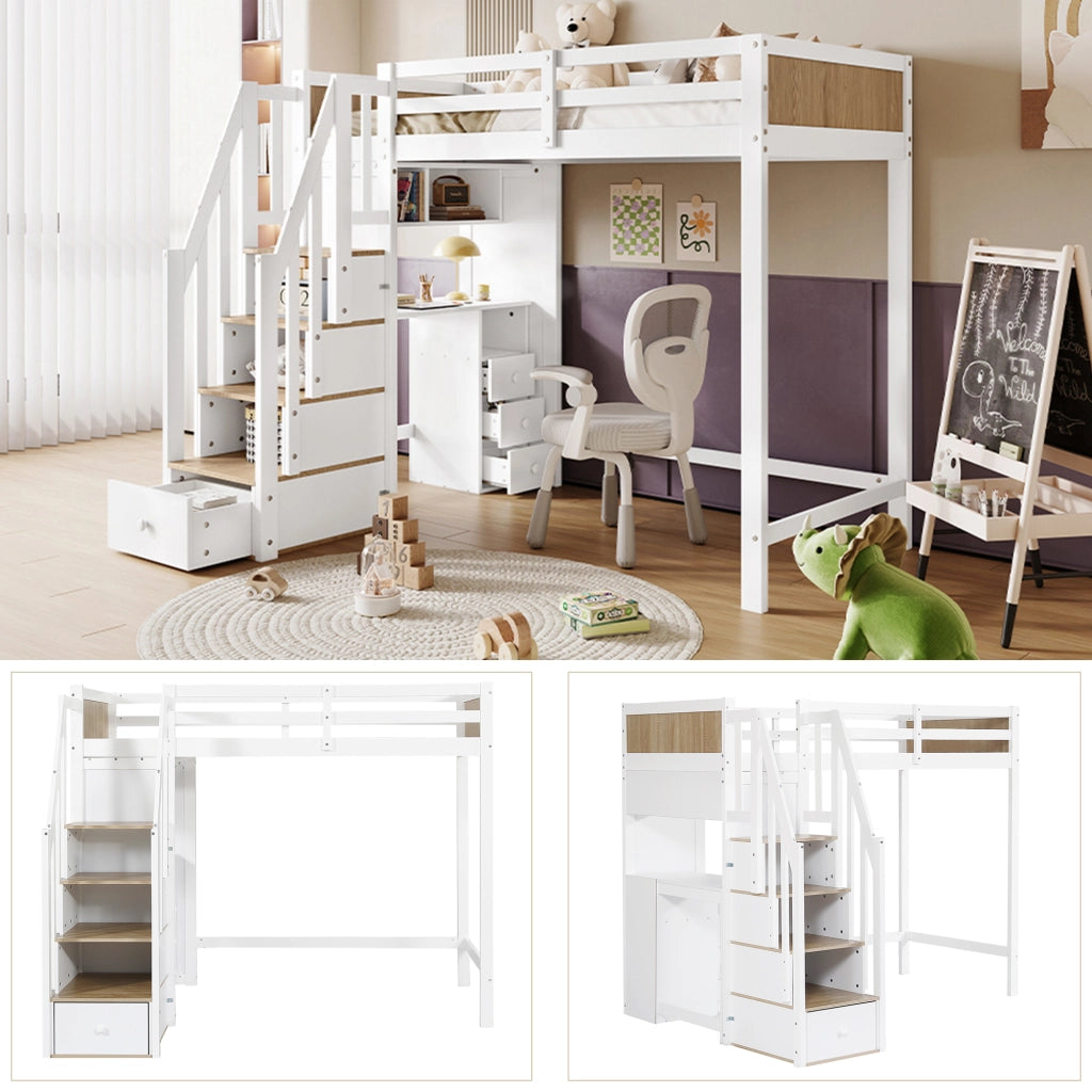 Letto a Castello 90x200 cm con Scrivania; 3 Cassetti; Scala Contenitore e Libreria