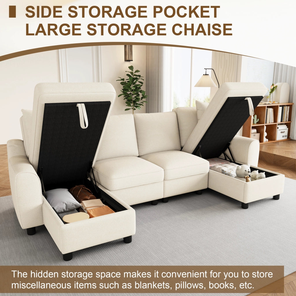 Divano panoramico a U modulare con contenitore e cuscini in chenille beige 280 × 137 × 84 cm