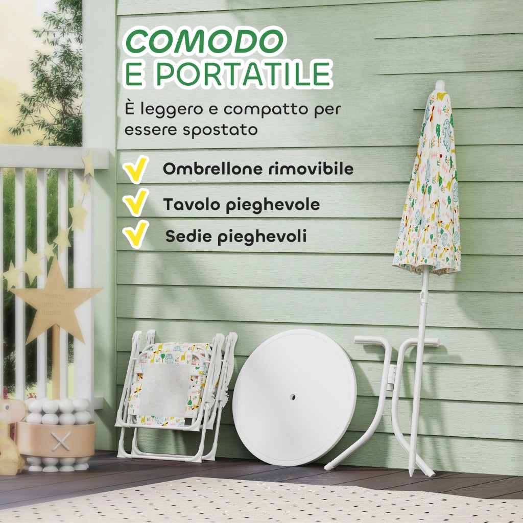 Set da Giardino per Bambini 2-5 Anni con Tavolino 2 Sedie e un Ombrellone Bianco