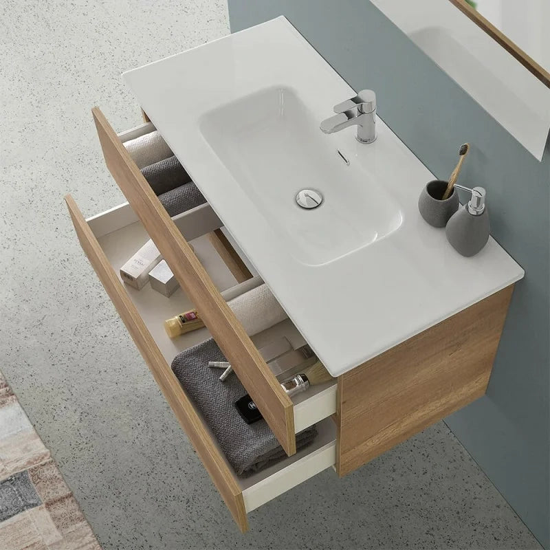 Mobile bagno sospeso 80 rovere naturale completo con lavabo Nadia