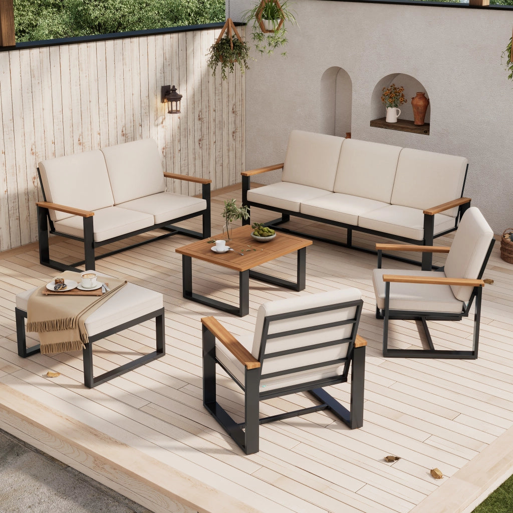 Set Salotto da Giardino Divano 3+2+1+1 Posti con Tavolino e Pouf ¨C MINIMAL ¨C Acacia e Acciaio Beige