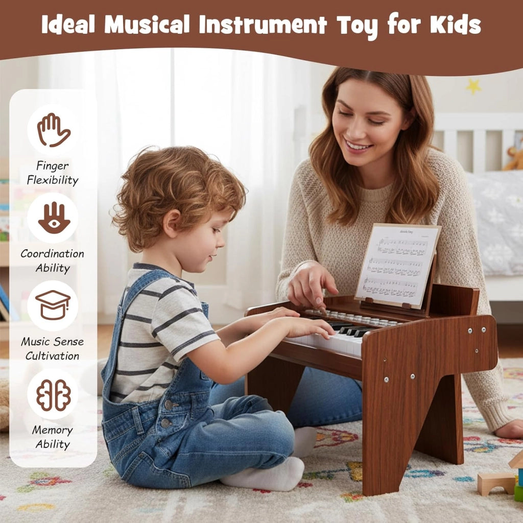 Tastiera a 25 tasti per bambini, pianoforte elettronico con tasto luminoso e leggio, pianoforte digitale per bambini di 18+ mesi, registrazione e lettura, modalità di apprendimento (marrone)